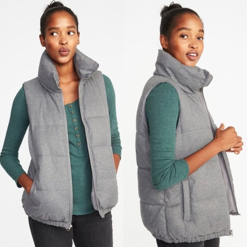 Old Navy  Gray Heather Textured Frost-Free Zip Up Mock Neck Outdoor Puffer Vest